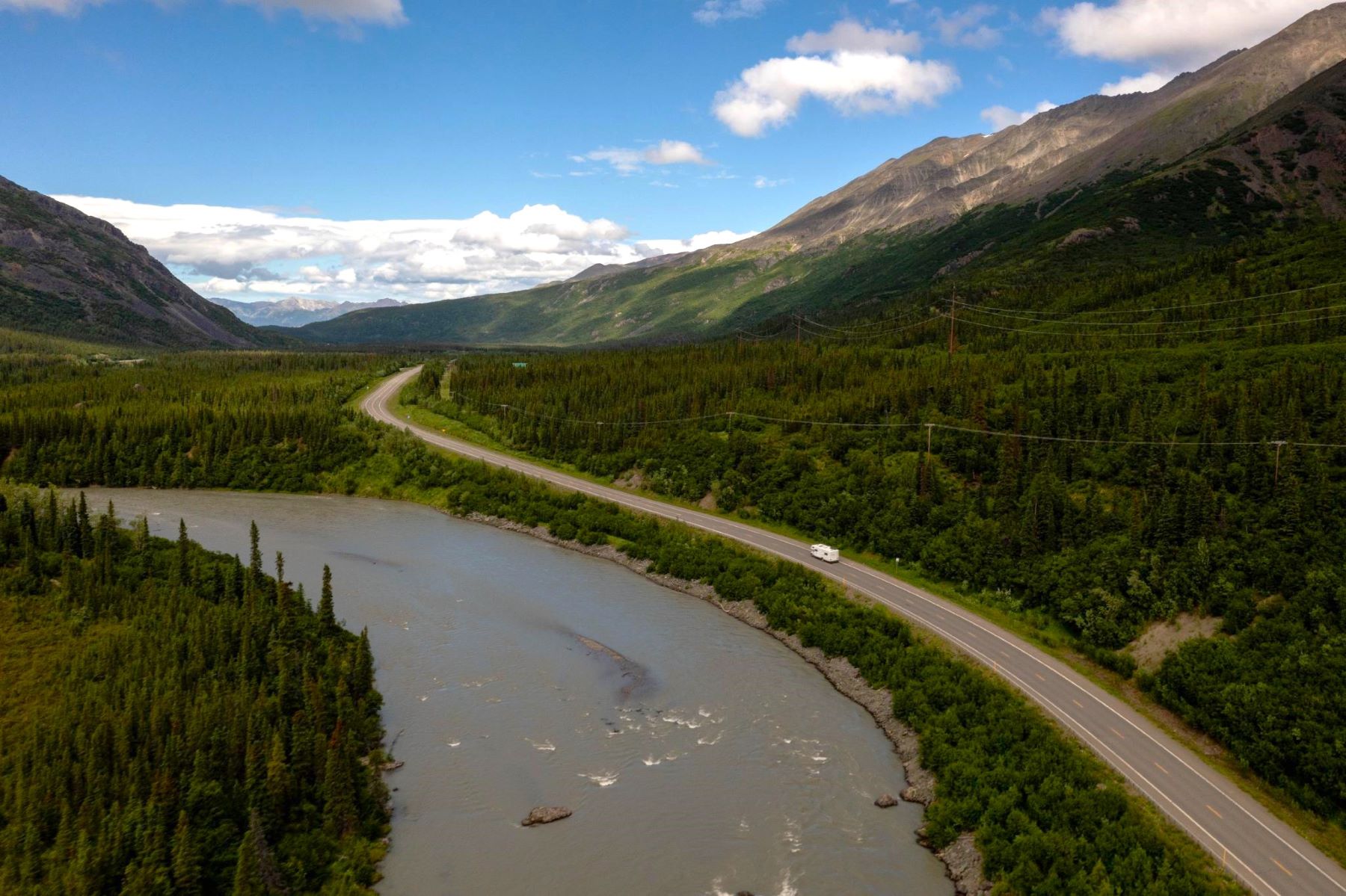 Aerial view of motorhome on Parks Highway in Alaska