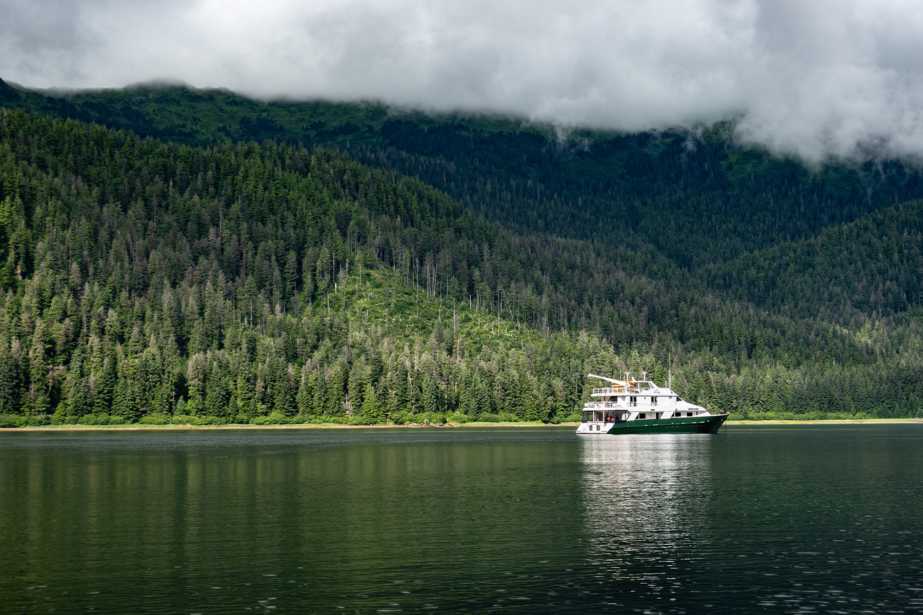 Mid-size ship sailing on the water, the shore line and tree-covered mountains are in the background with low clouds