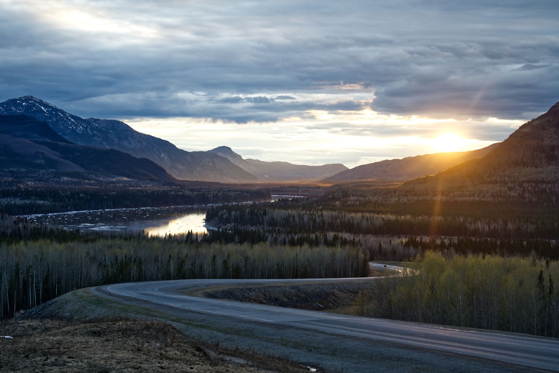 Mountains and road during sunset in British Columbia