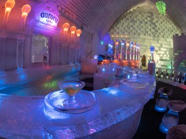 Bar made of ice with bright lights in Fairbanks