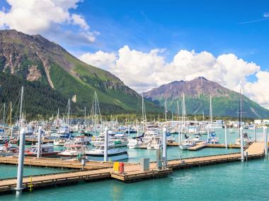 Views of the Seward Small Boat Harbor and mountains in Seward Alaska