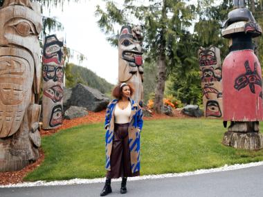 Influencer Evita Robinson at Saxman Native Village outside of Ketchikan Alaska