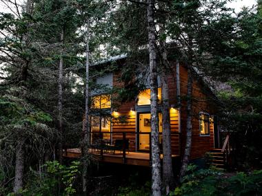 Cabin in a forest among trees with a balcony, interior lights are all on