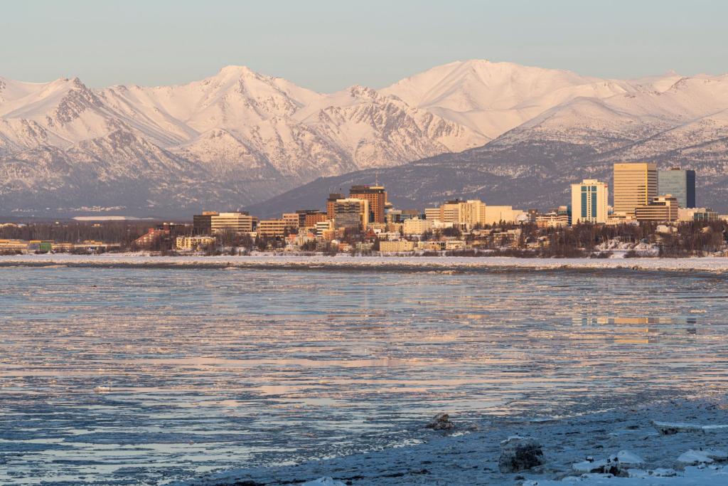 Downtown Anchorage and mountains in winter