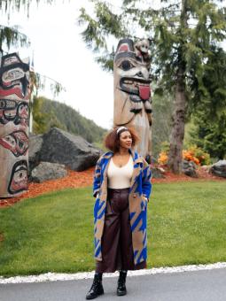 Influencer Evita Robinson at Saxman Native Village outside of Ketchikan Alaska