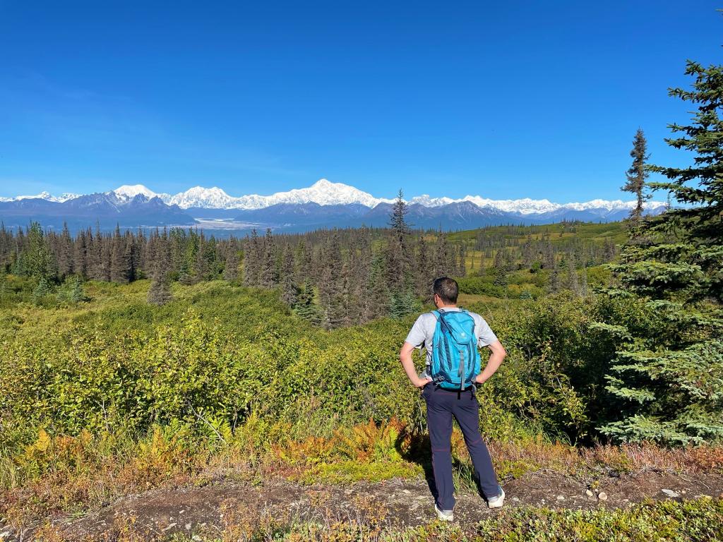 Hiker looks out at Denali in Denali State Park Alaska