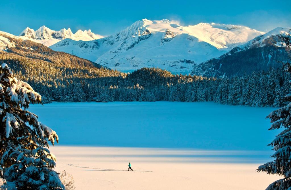 Woman skiing on Mendenhall Lake in Juneau