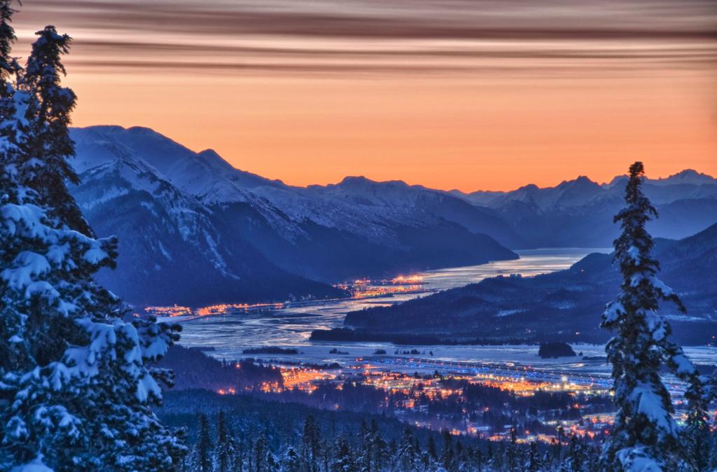 View of Juneau in Winter at sunset
