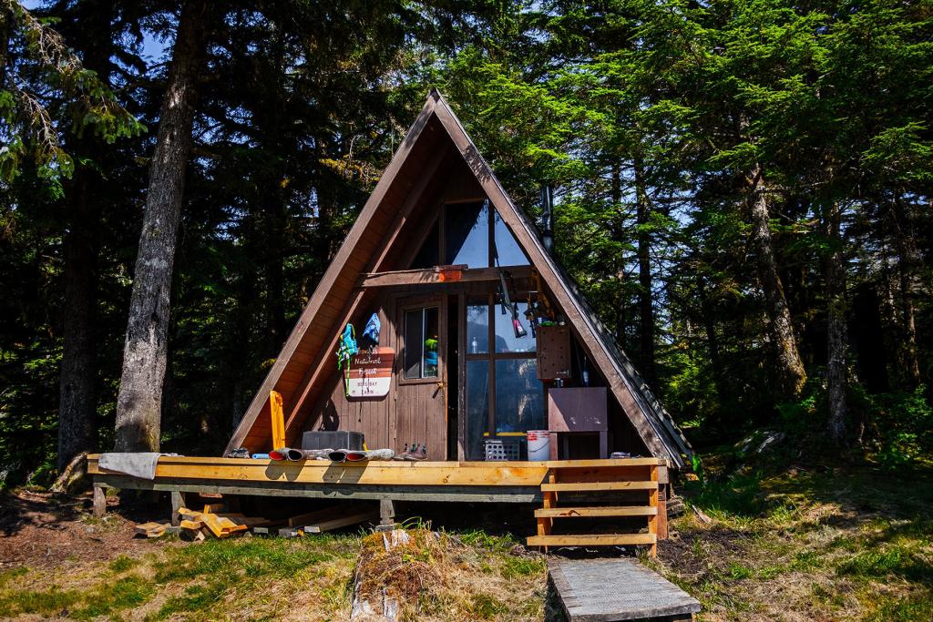 A-frame cabin among trees