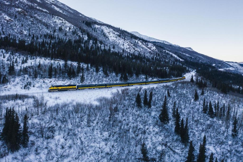 Alaska Railroad Aurora Winter Train travling along a mountainside