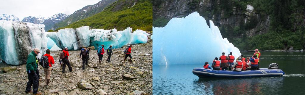 Collage of two images, on the right a group of seven people hiking by a glacier. On the left, a group pf people in an inflatable boat viewing a small iceberg floating in the water