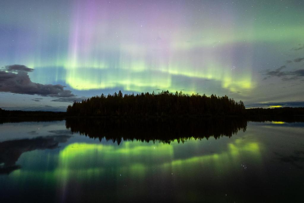 Northern lights over a lake in the fall