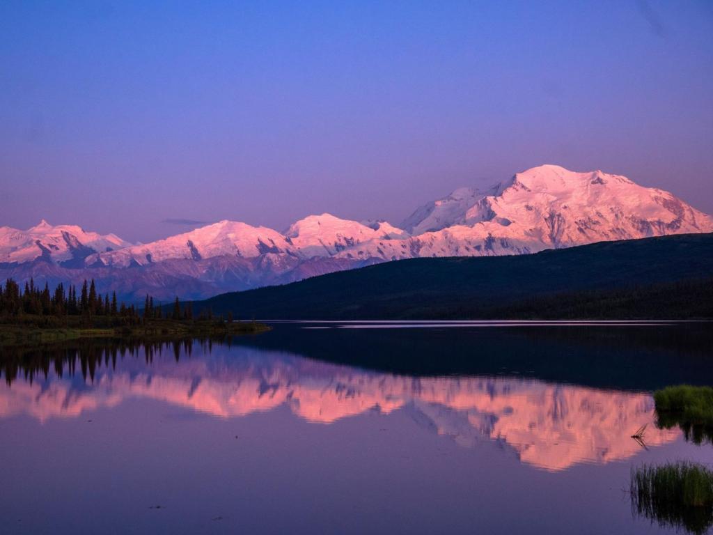 Denali and lake at sunset