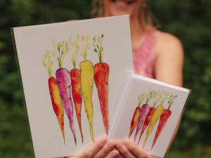 Watercolor prints and notecards by Pamela Sue, inspired by her family's garden in North Pole, Alaska. Photo