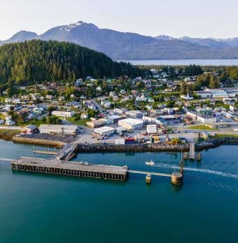 Aerial view of downtown Wrangell at sunset. Photo